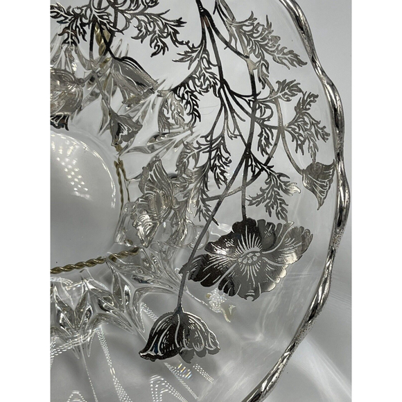Vtg Art Deco Clear Glass Centerpiece Fruit Footed Bowl Silver Floral Accents MCM - Picture 3 of 9